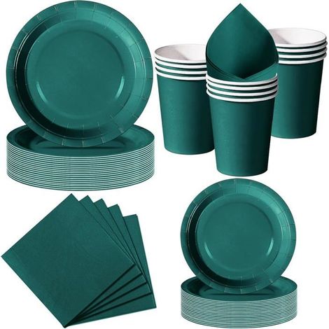 50 pièces, vaisselle jetable vert foncé, assiettes 23 cm et 18 cm, gobelets, serviettes, événements festifs et professionnels (1/5)