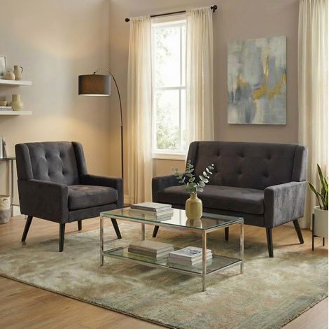 Set de 2 sillones de 1 y 2 plazas en tejido gris oscuro, espuma alta densidad HAVRYA (1/5)