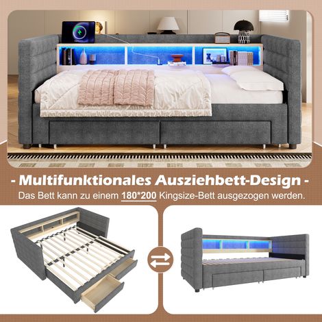 Canapé-lit convertible 90x190 cm gris velours, canapé jour extensible avec rangements multiples, deux tiroirs, bande LED, ports USB-C et USB, design multifonction sans matelas