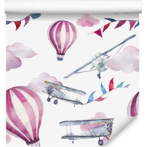 Carta da parati con palloncini e aerei colorati per soggiorno e camera da letto 50x1000 cm (1/5)