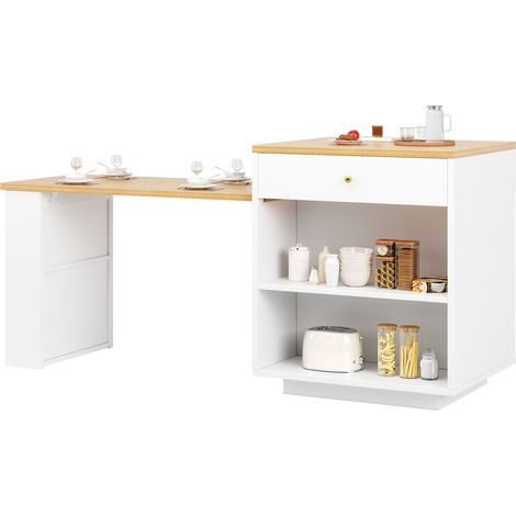 ELVMI Ausziehbare Kücheninsel mit 4 Schubladen, Glastür und RGB-LED, MDF, 122.5-195.5x59x93.5 cm, Weiß (1/5)