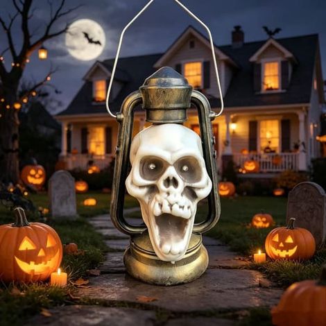 Lanterne crâne d'Halloween en forme de cheval, lampe lumineuse effrayante avec poignée, accessoire de décoration et jouet rigolo pour fêtes (2 pièces). (1/3)