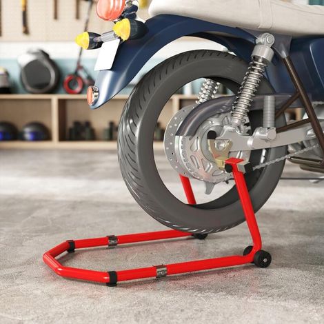 Béquille roue avant arrière charge 390kg béquille d'atelier moto bras réglable en acier, fourche en forme de U + L rouge (1/5)