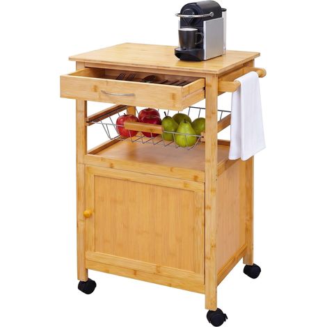 Relaxdays Küchenwagen, Bambus, mit Schrank & Korb, für Gewürze & Vorräte, HBT: 81x47x36 cm, schmaler Rollwagen, natur (1/5)