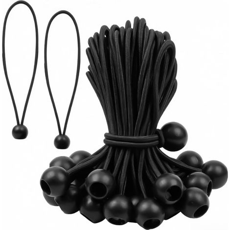 Lot de 50 tendeurs élastiques à boule 30 cm, Sandow avec Boules de fixation, pour bâche de piscine, Store, tente, Bannière et Voile d'Ombrage, noir (1/5)