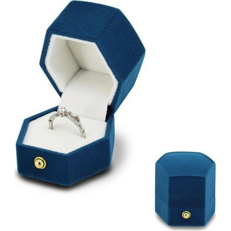 Boîte à alliances courte en velours avec fente unique et boule dorée - Petite boîte à bijoux pour fiançailles, mariage, anniversaire (bleu) (1/5)