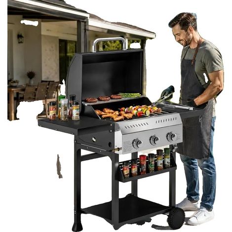 Barbecue da esterno, carrello in acciaio inox, tre bruciatori, T0002 01 19175 (1/2)