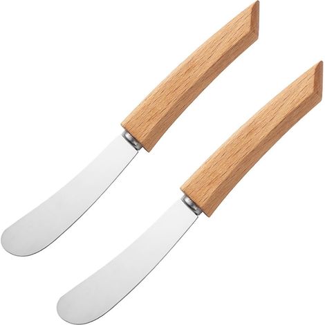 Set de 2 Couteaux à Beurre en Inox, Couteau Applicateur à Beurre avec Manche en Bois, Couteau à Tartiner pour Cuisine, Restaurant, Fête, Couteau à Beurre pour Tartinade, Fromage, Confiture, Pâtisserie (1/5)