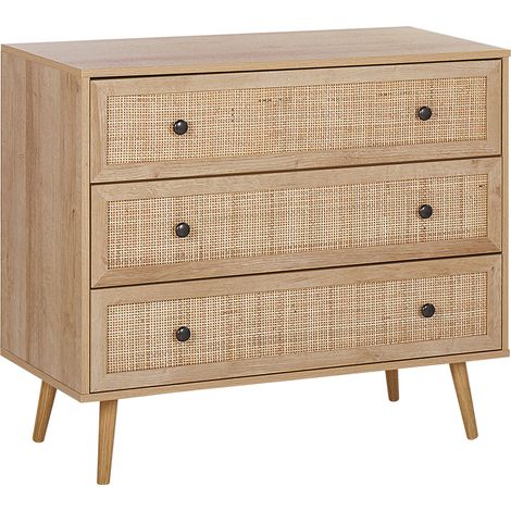 Cómoda con 3 cajones madera clara ratán natural 90 x 79 cm patas de madera de pino mimbre boho Ponca (1/5)