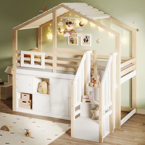 Lit mezzanine 90x200 cm, lit cabane avec barrière et échelle de rangement, en bois, blanc et naturel, sans matelas (1/5)
