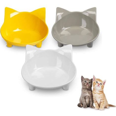 Katzennäpfe, Mehrzweck-Anti-Rutsch-Haustiernapf mit Gummi, zur Linderung von Schnurrhaar-Ermüdung, 3er-Pack - Grau, Weiß und Gelb