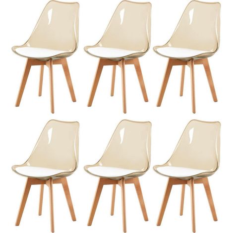 6er Set Esszimmerstühle Skandinavisch Transparent Braun mit Weißem PU-Leder Sitz (1/5)