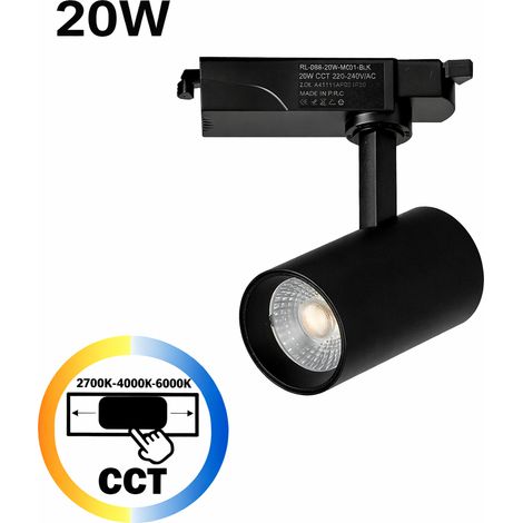 Spot LED pour Rail Monophasé 20W CCT 2700K-4000K-6000K Orientable Noir