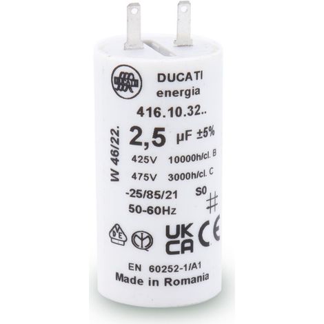 Condensateur 2,5 µF pour moteur de volet roulant – Tension 450V AC – Durée de vie 10 000 heures – Compatible moteurs SOMFY – Ducati