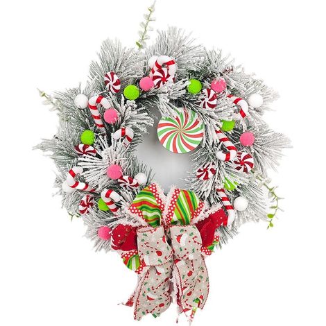 Couronne de Noël en canne à sucre rouge et blanche, décoration de porte de Noël avec nœud et boule, couronnes de Noël pour mur, fenêtre, manteau (rose) (1/4)