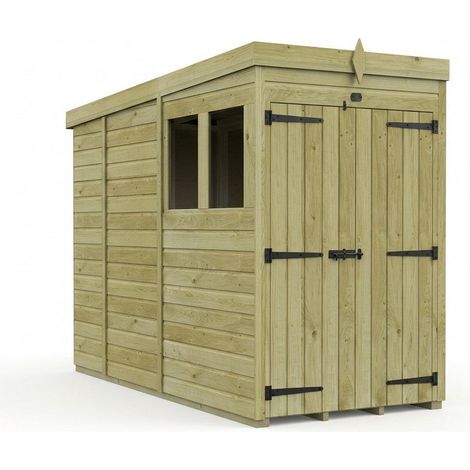 4ft x 9ft Pent Garden Shed Double Door With Windows - Pressure Treated Timber - L122 x W274 x H210 cm - Natural