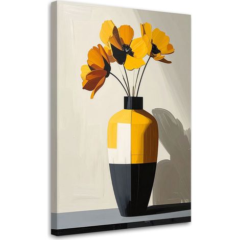 Quadro su tela, Fiori gialli in un moderno vaso bianco e giallo. - 40x60 (1/2)