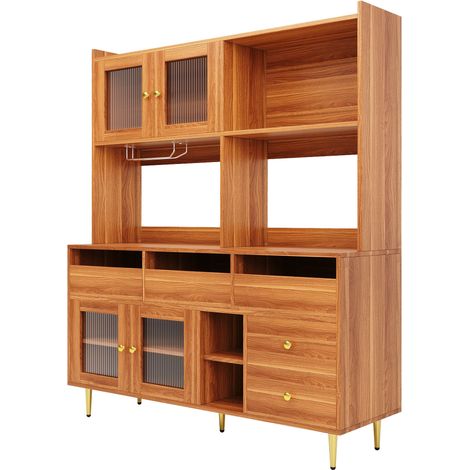 Buffet haut de restaurant (145 x 39 x 171 cm), design moderne et épuré, avec porte en verre Changhong, porte-verres à vin, rangement multicouche, aspect bois, décor doré, adapté aux restaurants (1/5)