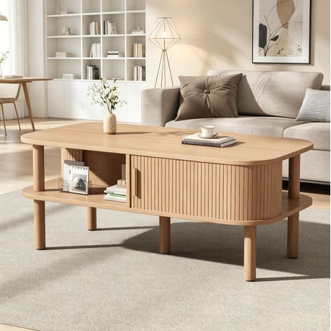 Couchtisch mit Schiebetür und Offenem Fach, Skandinavischer Stil, für Wohnzimmer, MDF, 110 × 55 × 45 cm, Natur (1/5)