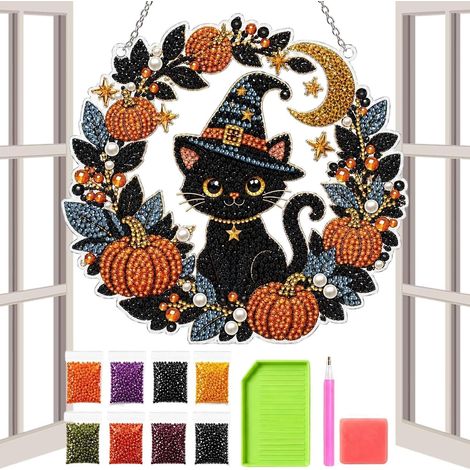 Peinture Diamant Halloween Chat Fantôme Décoration Scintillante Plate en Kits D'Art De Perles Halloween Pour Adultes Pour Maison Dortoir Restaurant Hôtel Jardin Thanksgiving Fête Et (1/5)