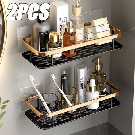 (Étagère carrée, lot de 2) Étagère d'angle de salle de bain, organisateur de douche sans clous, étagère murale en aluminium, accessoires de salle de bain (1/5)
