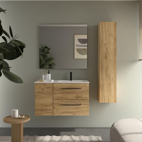 Meuble de salle de bain MORAI PLUS 90cm Chêne Vasque Porcelaine Robinet à droite 1P (1/5)