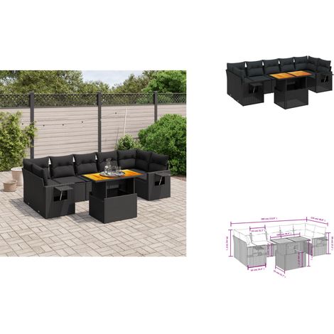 Salon de jardin 8 pcs avec coussins noir résine tressée - Ensemble Salon De Jardin - Meuble Extérieur - Résine Tressée - Rotin Synthétique - Table Extensible (1/3)