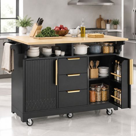 Îlot de cuisine à roulettes avec table rabattable, 3 tiroirs, noir, OKMYHOME (1/5)