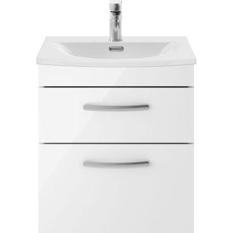 Millwich Contemporary 2 Drawer Wall Hung Vanity Unit with Curved Basin, Gloss White, 500mm