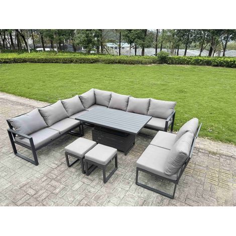 Fimous 10 Pieces Aluminium Garden Furniture Set with Cushions, Patio Furniture Set with Adjustable Rising Lifting Dining Table 2 Small Footstools Dark Grey (1/5)