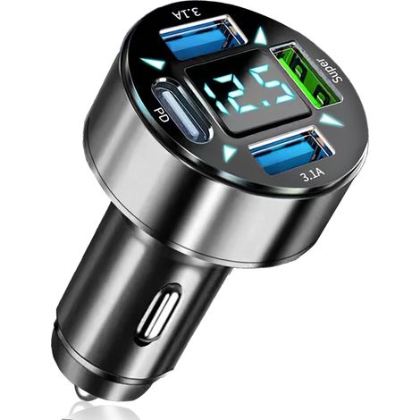 Caricabatterie USB per auto con 4 porte, adattatore per accendisigari con tecnologia Dual PD+QC3.0, compatibile con iPhone, Android, Samsung, tablet, voltmetro LED integrato per il monitoraggio della (1/5)