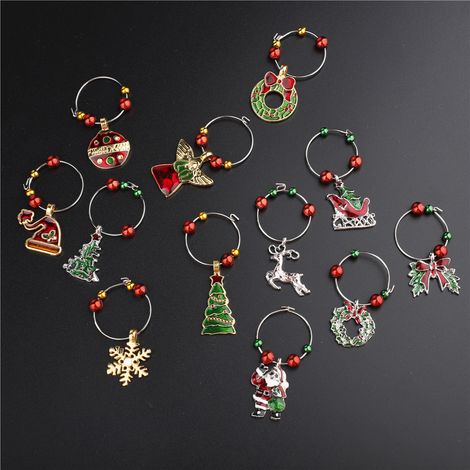 Marqueurs de verres à vin de noël, breloques, étiquettes de boissons, identifiants pour décoration de dîner de fête, 12 pièces (1/5)