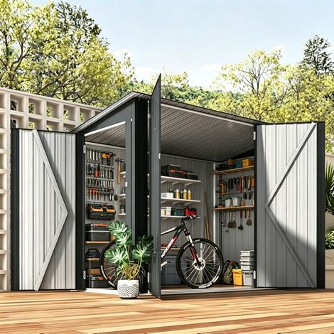 YODOLLA Cobertizo para Bicicletas con 3 Puertas y Cerradura, 238x118x170 cm, Cobertizo Metálico para Herramientas con Cierre de Seguridad (1/5)
