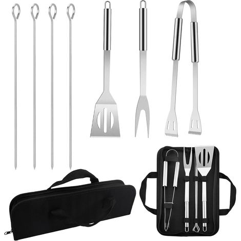 Kit barbecue da 7 pezzi Accessori barbecue con utensili da barbecue in acciaio inossidabile (pinze, spatola, forchetta, 4 spiedini, custodia) - Regalo perfetto da uomo per l'esterno, il giardino e il (1/5)