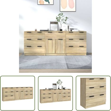 The Living Store Buffets 3 pcs Chêne sonoma Bois d'ingénierie - Buffet - Meuble De Rangement - Commode - Mobilier Moderne - Design Scandinave (1/5)
