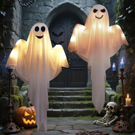 Kit di 2 fantasmi luminosi per Halloween, fantasmi bianchi da appendere per Halloween, decorazioni a forma di fantasma da appendere per uso esterno, adatte a case infestate, escape room e feste a tema (1/5)