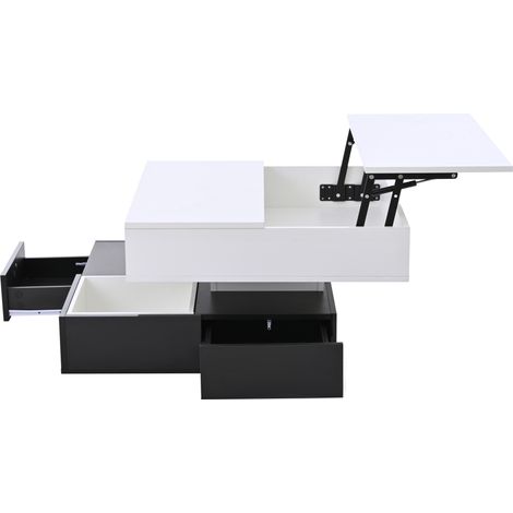 Table basse 707040 cm avec plateau pivotant à 360°, table de salon à double niveau avec 3 tiroirs, table basse géométrique brillante, table d’appoint relevable avec rangement, Blanc+Noir (1/5)