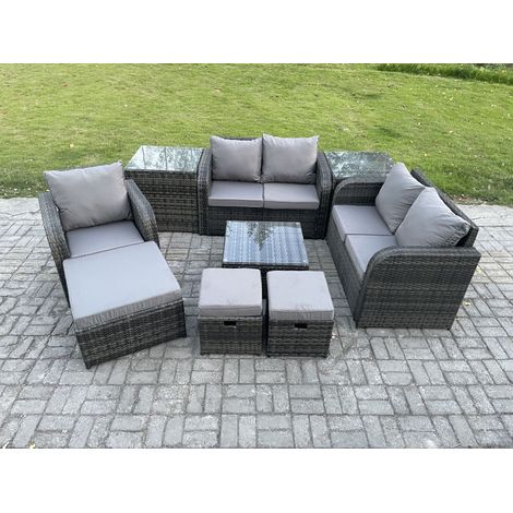 Fimous PE Rattan Gartenmöbel Sets Outdoor Liebe Sofa Stuhl Set Quadratischer Couchtisch 2 Beistelltische 3 Fußhocker (1/5)
