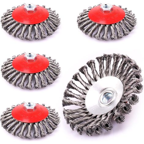 Lot de 5 brosses coniques pour meuleuse d'angle - Diamètre : 125 mm - Filetage M14 x 2 - En fil d'acier HSS ondulé - Pour peinture, soudures à la rouille, l'oxydation - Nettoyage et retrait (1/5)