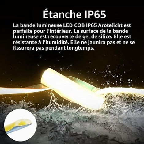 Ruban LED COB 24V étanche blanc chaud 3000K 5m, Bande LED COB IP65 Dimmable 320LEDs/m pour chambre cuisine maison décoration intérieure, alimentation non incluse (1/3)