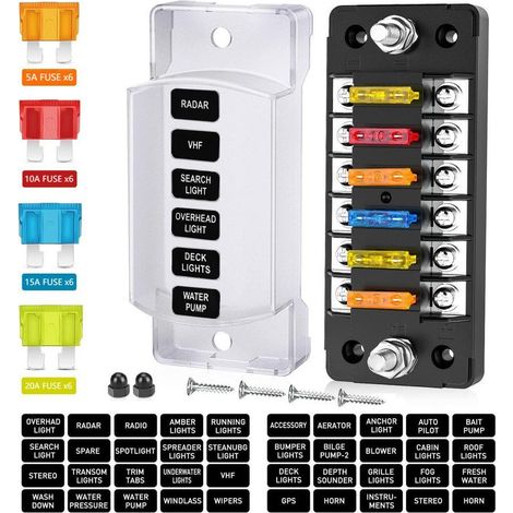 Bloc de fusibles 6 voies avec bus négatif, porte-fusible à lame 12 V, couvercle étanche, panneau de fusibles pour voitures, camions, camping-cars, fourgonnettes