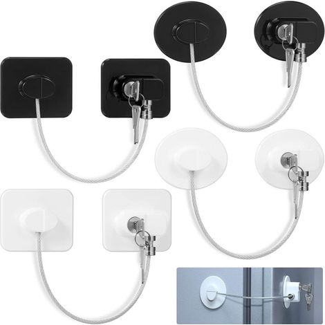 Kühlschrankschloss – 4 mm Stahlkette mit Schlüsselschloss und Klebefläche – Für Kühlschrank, Gefrierschrank, Schrank, Schublade, Toilettentür – 4-teiliges Set mit 8 Schlüsseln (1/5)