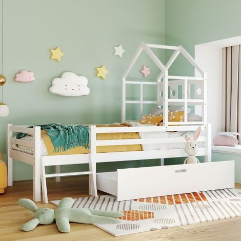 Cama casita para niños con escalera y cajones, incluye somier, cama alta de madera maciza con protección contra caídas 90x200cm blanca (sin colchón) (1/5)