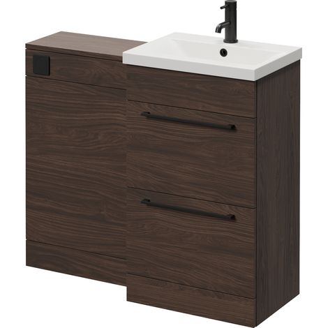 Napoli 390 Brown Oak 1000mm 2 Drawer Vanity Unit Toilet Suite with Glide Basin - 1000mm - Matt Black 320mm HandleWithout Kingston Toilet Pan