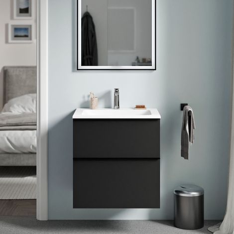 BERNSTEIN - Mueble lavabo suspendido MDF negro mate, lavabo fundición blanco mate + orificio grifería, tirador cromado 60x46x62cm LAVOA Negro mate, cromo, Blanco mate con orificio para grifo.