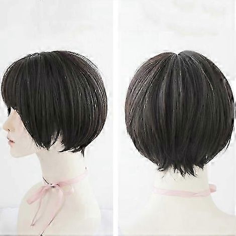 Perruque courte (noir-brun, 28 cm) pour femme, visage rond, bonnet avec frange, effet bonne mine. (1/5)