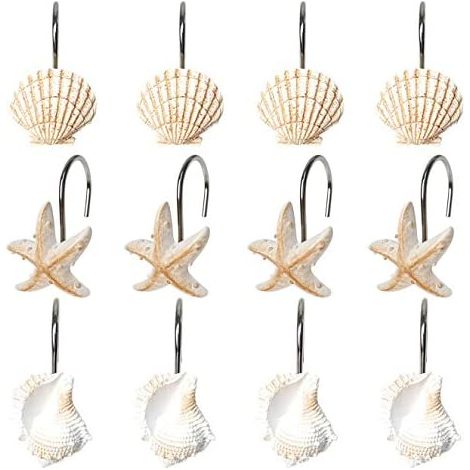 Crochet Pour Rideau De Douche - Coquillage Et Étoile De Mer En Résine - Charge Maximale 5 Kg - Style Méditerranéen - 12 Pièces (1/5)