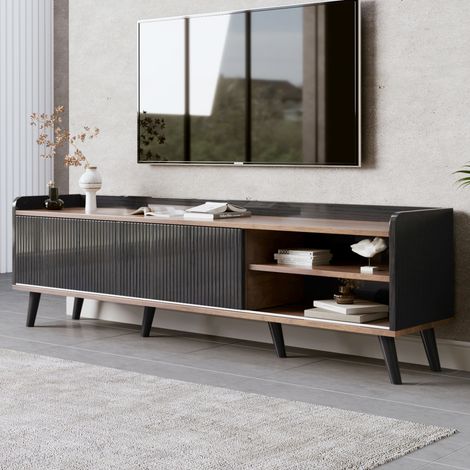 TV-Schrank 160x40x58 cm Schwarz in Spanplatte mit 2 Schiebetüren und 2 Schubladen (1/5)