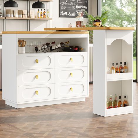Moderner ausziehbarer Bartisch mit 360° Drehfunktion,Stauraum und verstellbarer Länge von 138-203cm,ideal für Küche,Wohnzimmer und Homeoffice in Weiß