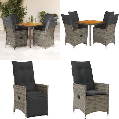 Ensemble à manger de jardin 5 pcs coussins gris résine tressée - Fauteuil de jardin - Table de jardin (1/5)